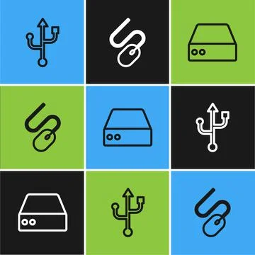 Set line USB, Server, Data, Web Hosting and Computer mouse icon. Vector Stock Illustration