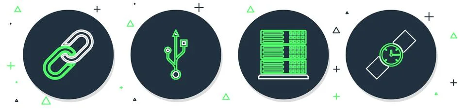 Set line USB, Server, Data, Web Hosting, Chain link and Wrist watch icon. V.. Stock Illustration