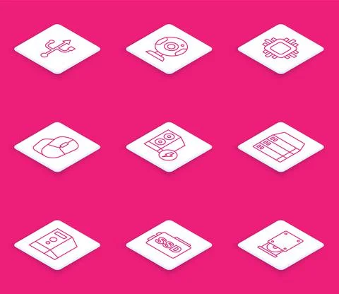 Set line USB, Web camera, Processor with CPU, Computer mouse, Case of computer 库存插图