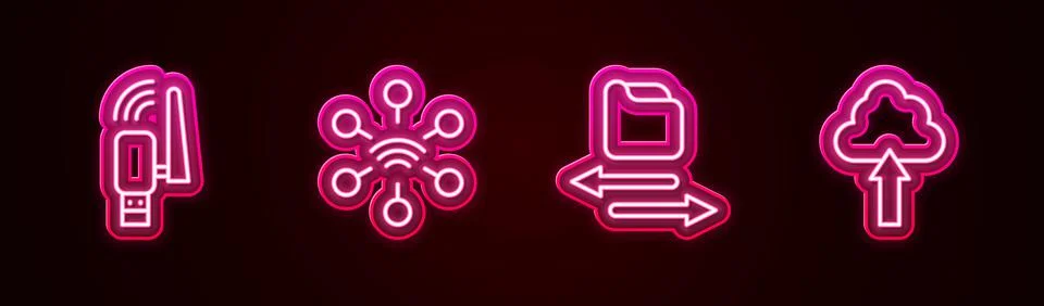Set line Usb wireless adapter, Network, Transfer files and Cloud upload. Glowing Stock Illustration