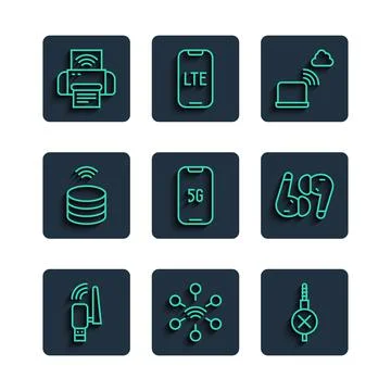 Set line Usb wireless adapter, Network, No audio jack, cloud connection, Mobile Stock Illustration