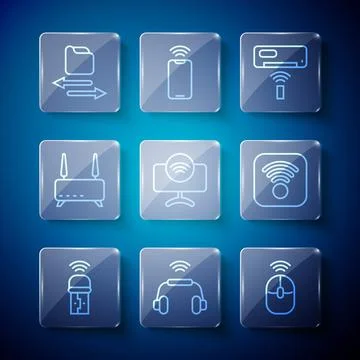 Set line Usb wireless adapter, Smart headphones system, Wireless computer mouse Stock Illustration
