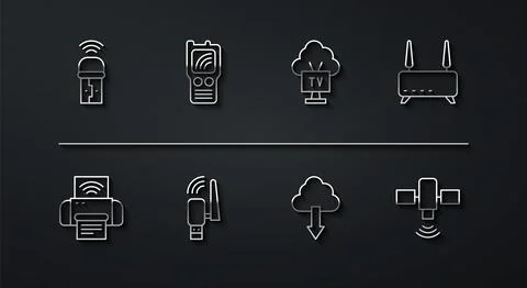 Set line Usb wireless adapter, Smart printer system, Router and wi-fi signa.. Stock Illustration
