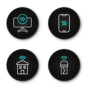 Set line Usb wireless adapter, Smart home with wi-fi, Mobile 5G and Tv syst.. Stock Illustration