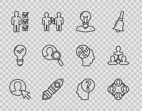 Set line User of man in business suit, Project team base, Human head with lamp Ilustração Stock