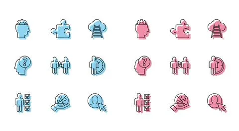 Set line User of man in business suit, Piece puzzle hand, Human with gear i.. Stock Illustration