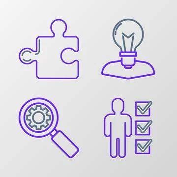 Set line User of man in business suit, Magnifying glass and gear, Human hea.. Stock Illustration