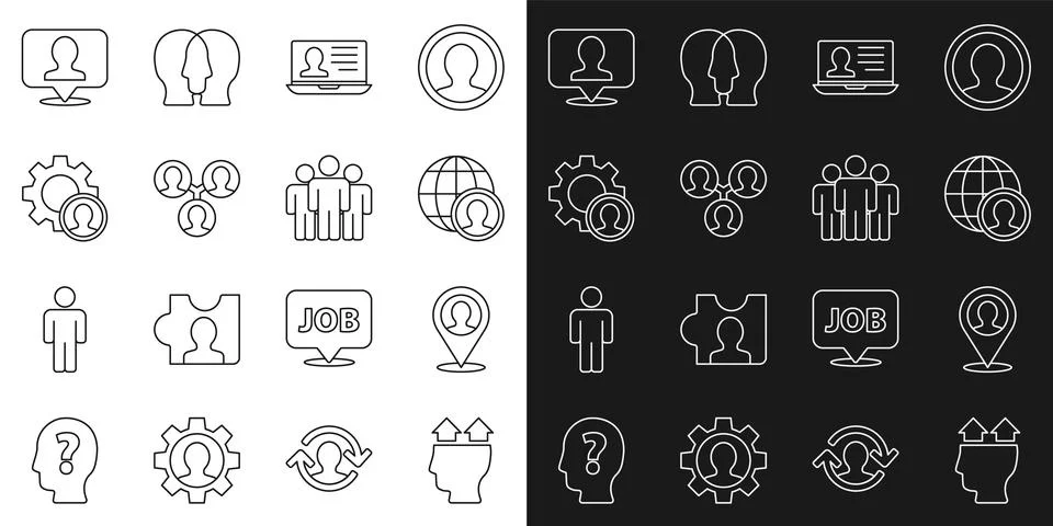 Set line User of man, Location with person, Globe and people, Laptop resume.. Stock Illustration