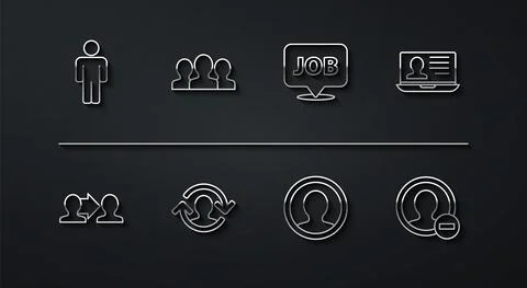 Set line User of man, Project team base, Laptop with resume, Create account Stockillustratie