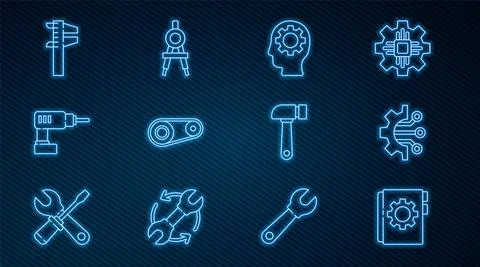 Set line User manual, Algorithm, Human head with gear inside, Timing belt kit Illustrazione stock