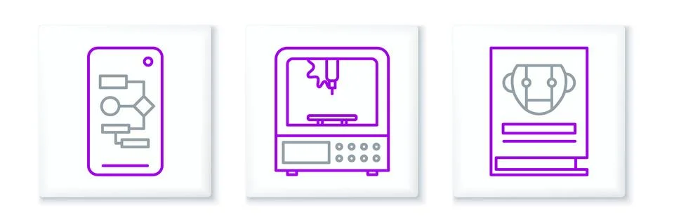 Set line User manual, Algorithm and 3D printer icon. Vector Stock Illustration