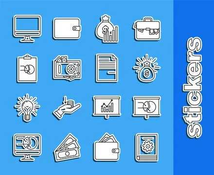 Set line User manual, Board with graph chart, Money bag, and diagram, Safe .. Stock Illustration