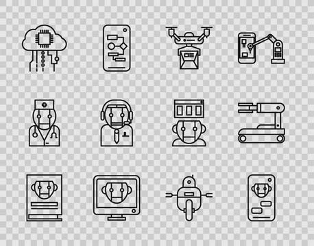Set line User manual, Bot, Drone delivery concept, Internet of things, Worker Stock Illustration
