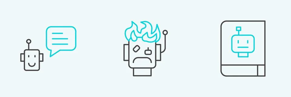 Set line User manual, Bot and Robot burned out icon. Vector Stock Illustration