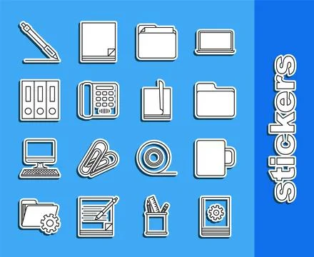Set line User manual, Coffee cup, Document folder, Telephone, Office folder.. Illustrazione stock