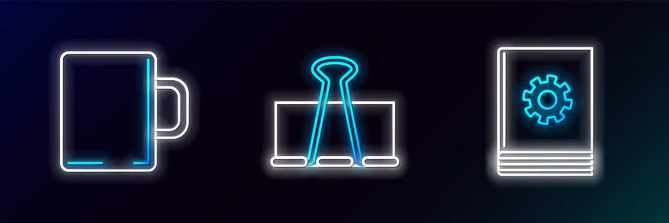 Set line User manual, Coffee cup and Binder clip icon. Glowing neon. Vector Stock Illustration