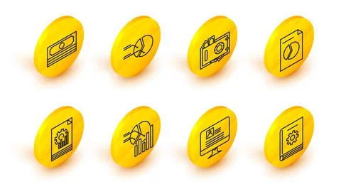 Set line User manual, Computer monitor with resume, Pie chart infographic Illustrazione stock
