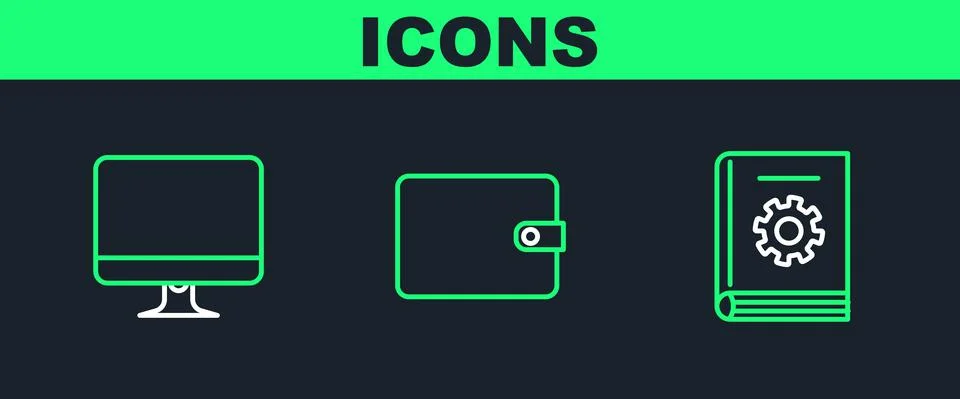 Set line User manual, Computer monitor screen and Wallet icon. Vector 스톡 일러스트