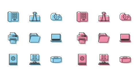 Set line User manual, Computer with keyboard and x mark, Telephone, Scotch Stock Illustration