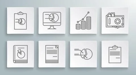 Set line User manual, Computer monitor with graph chart, Document, Pie 스톡 일러스트