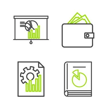 Set line User manual, Document with graph chart, Wallet stacks paper money cash Illustrazione stock