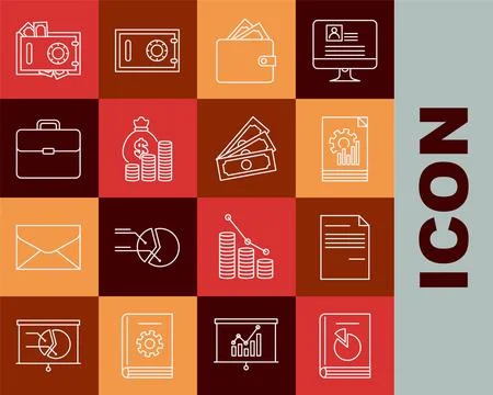 Set line User manual, Document, with graph chart, Wallet stacks paper money.. 스톡 일러스트