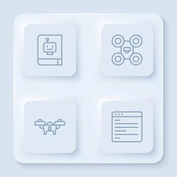 Set line User manual, Drone, and Computer api interface. White square button Illustrazione stock
