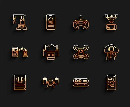 Set line User manual, Drone flying with action camera, Assembly line, 3d sc.. Illustrazione stock