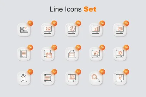 Set line User manual, Magnifying glass, Decree, parchment, scroll, Table la.. Illustrazione stock