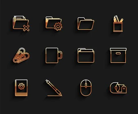 Set line User manual, Pen line, Delete folder, Computer mouse, Scotch, Coffee Stock Illustration