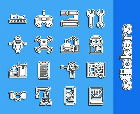 Set line User manual, Printed circuit board PCB, Worker robot, Robot, Drone Stock Illustration