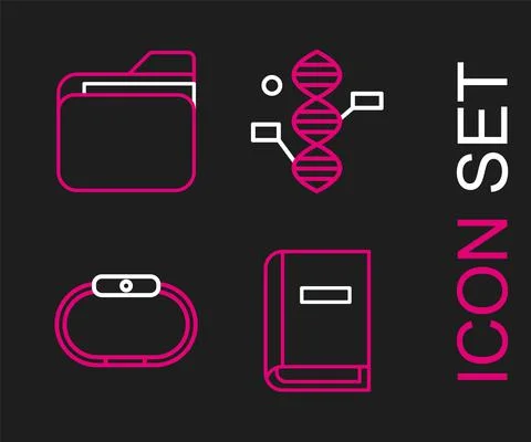 Set line User manual, Smartwatch, DNA symbol and Document folder icon. Vector Stock Illustration