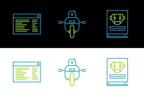 Set line User manual, Software, web developer programming code and Robot icon Stock Illustration