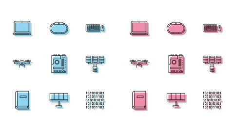 Set line User manual, Solar energy panel, Laptop, Binary code, Motherboard,.. Illustrazione stock