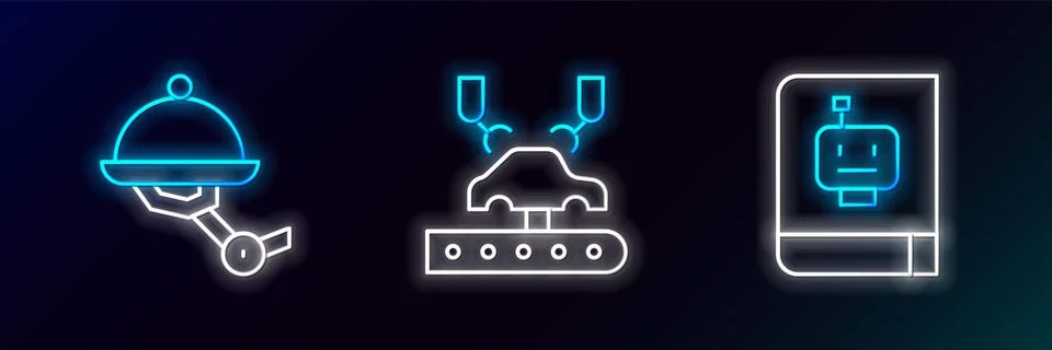 Set line User manual, Waiter robot and Robotic arm on factory icon. Glowing.. Stock Illustration