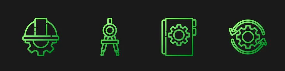 Set line User manual, Worker safety helmet and gear, Drawing compass and Gear Stock Illustration