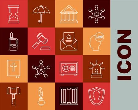 Set line User protection, Flasher siren, Head with law, Courthouse building Ilustración de archivo