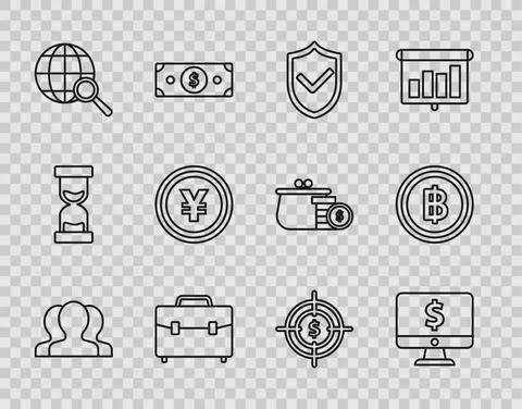 Set line Users group, Computer monitor with dollar symbol, Shield check mark Stock-Illustration