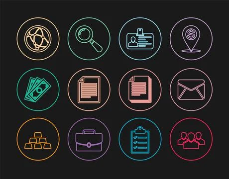 Set line Users group, Envelope, Identification badge, Document, Stacks paper Stock Illustration