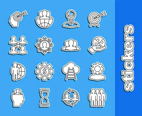 Set line Users group, Human with gear inside, Piece of puzzle hand, head lamp 스톡 일러스트