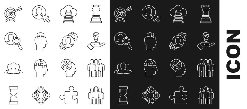 Set line Users group, Light bulb in hand, Ladder leading to cloud, Project team Illustrazione stock