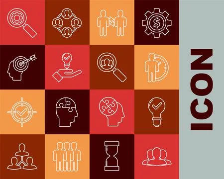 Set line Users group, Light bulb and check mark, Time Management, Project tea 스톡 일러스트