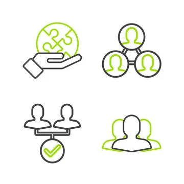Set line Users group, Project team base,  and Piece of puzzle in hand icon. V 스톡 일러스트