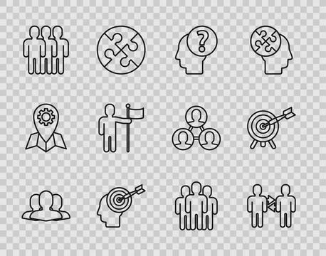 Set line Users group, Project team base, Human head with question mark, Hea.. Stock Illustration