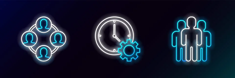 Set line Users group, Project team base and Time Management icon. Glowing n.. Stock Illustration