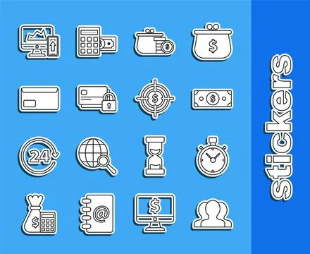 Set line Users group, Stacks paper money cash, Wallet with coins, Credit ca.. 스톡 일러스트