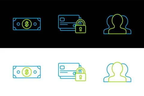 Set line Users group, Stacks paper money cash and Credit card with lock ico.. Stock Illustration