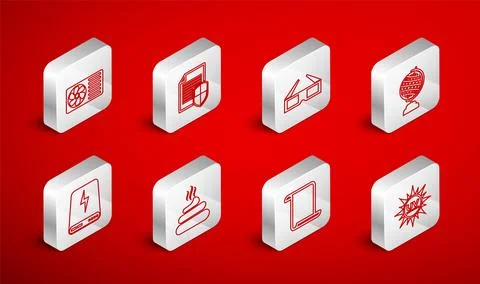 Set line UV protection, Document, 3D cinema glasses, Earth globe, Paper scr.. Stock Illustration