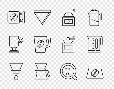 Set line V60 coffee maker, Bag beans, Manual grinder, Pour over, Street Ilustração Stock