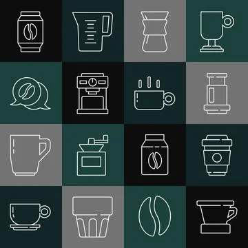 Set line V60 coffee maker, Coffee cup to go, Aeropress, Pour over, machine, and Ilustração Stock